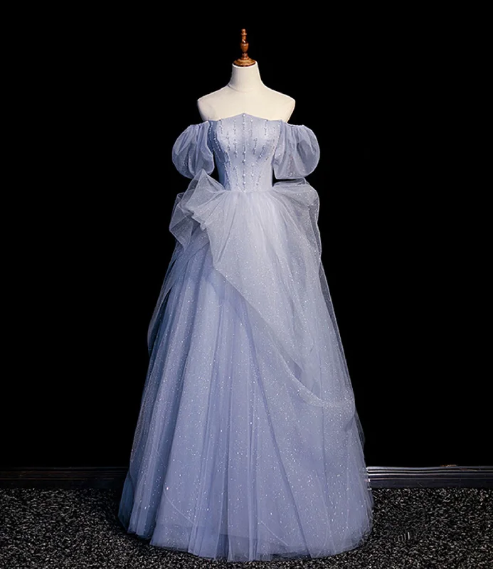 Blue A Line Off the Shoulder Beads Tulle Prom Dress Evening Dress DP1263