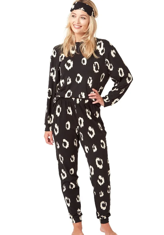 Indigo Sky Animal Print Soft Knitted Pyjama & Eyemask Set, Black Sleepwear pajama sets