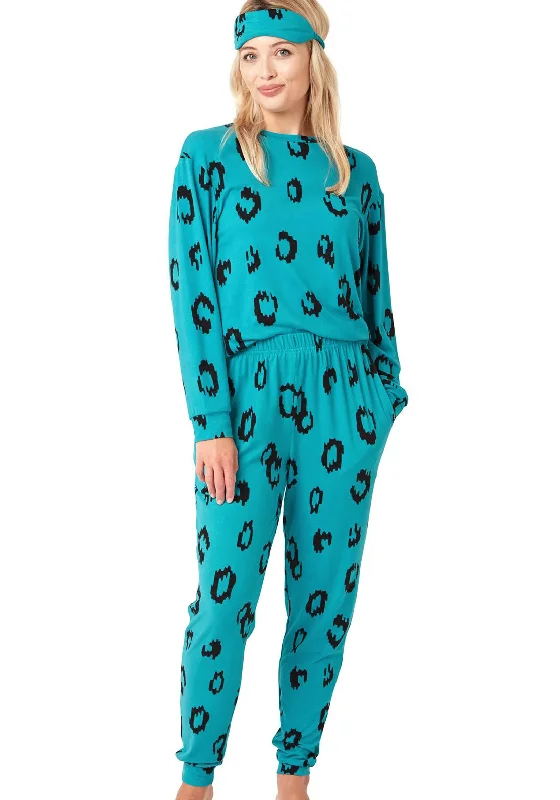 Indigo Sky Animal Print Soft Knitted Pyjama & Eyemask Set, Teal Work-from-home pajama sets