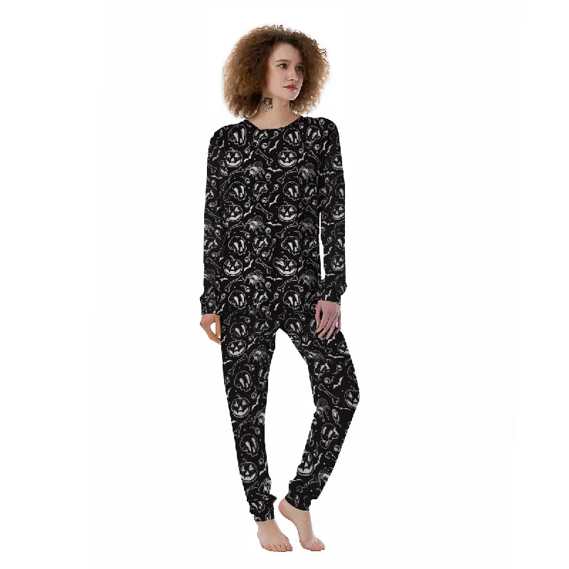 Black White Handdrawn Skull And Spider Print Pattern Women's Pajamas Pajama sets with pockets