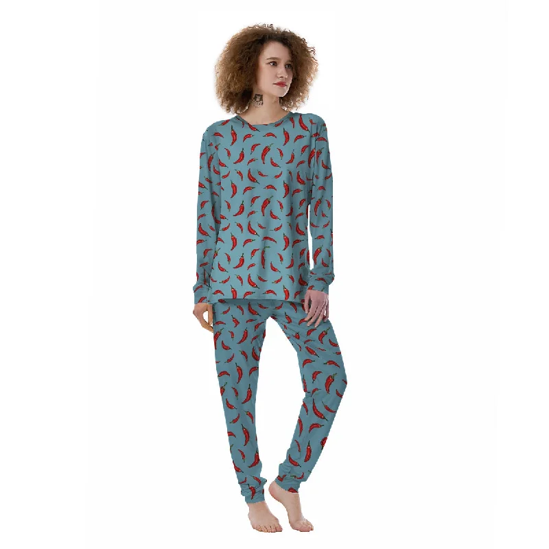 Blue And Chili Pepper Print Pattern Women's Pajamas Nursing pajama sets