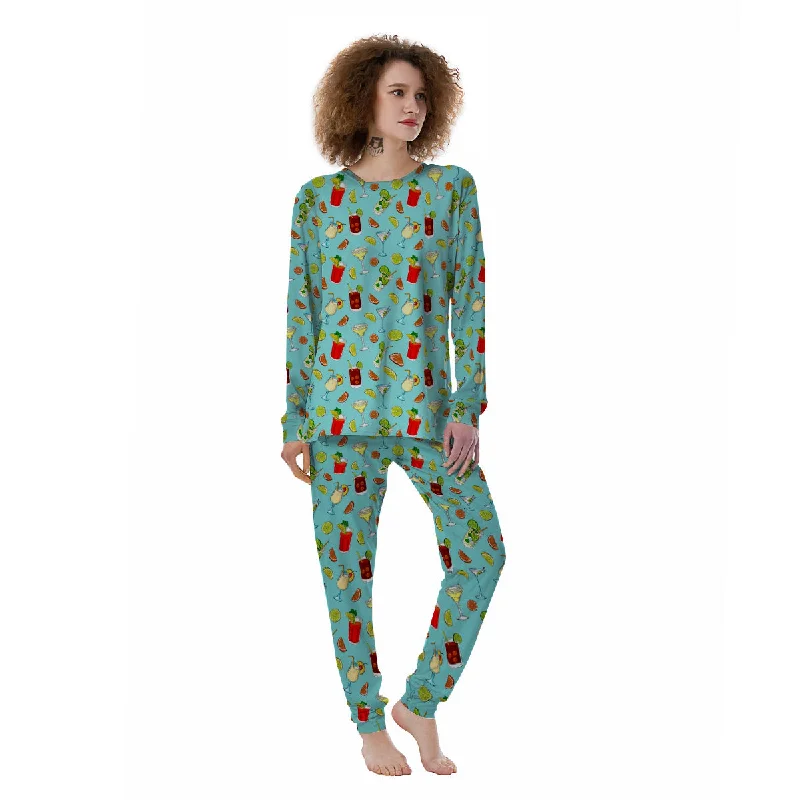 Blue And Cocktail Print Pattern Women's Pajamas Three-piece pajama sets