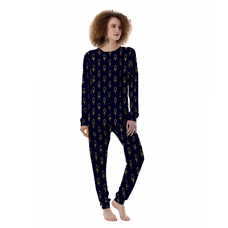 Blue And Gold Ankh Print Pattern Women's Pajamas Boho pajama sets