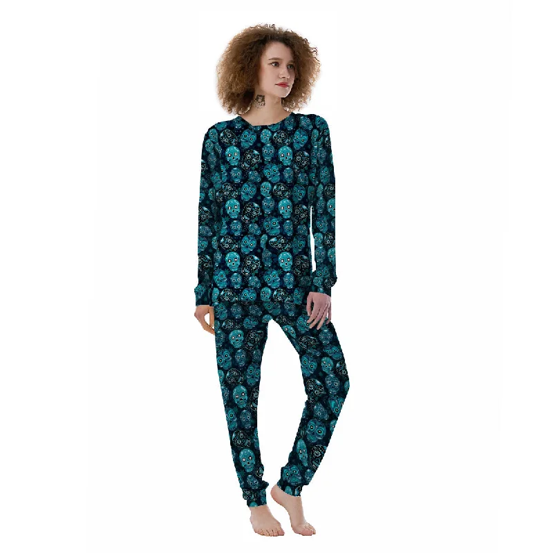 Blue Calavera Skull Print Pattern Women's Pajamas Best pajama sets for girls' night