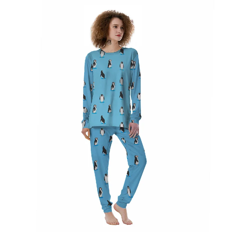 Blue Cute Penguin Print Pattern Women's Pajamas Postpartum pajama sets