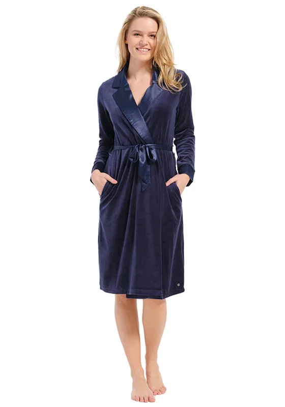 Pastunette Deluxe Velvet Wrap Over Dressing Gown, Dark Blue Women's pajama sets