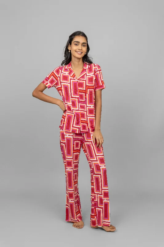 Red Zen Half Sleeves Button Down Pajama Set High-end pajama sets