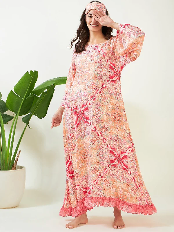 Women's Peach Abstract Printed Laced Nightdress - The Kaftan Company Party pajama sets