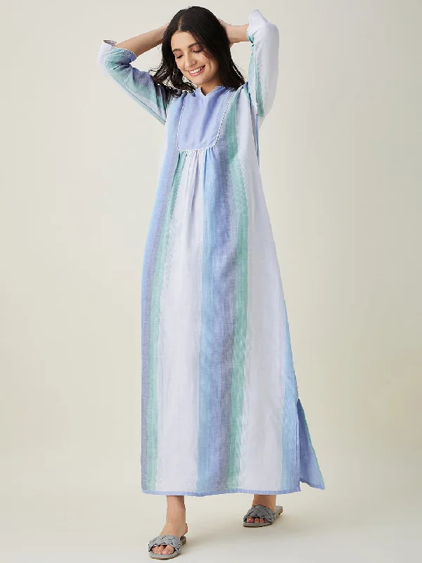 Women's Blue Striped Cotton Nightdress - The Kaftan Company Boho pajama sets