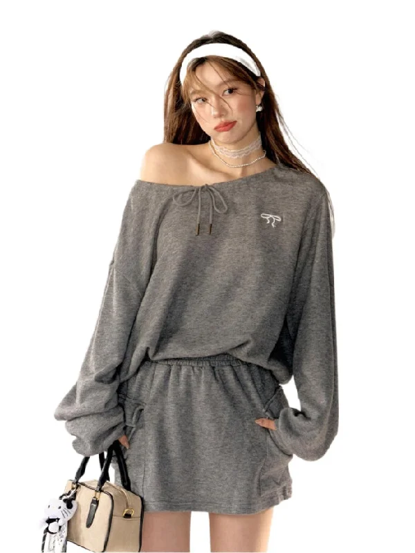 Asymmetric Embroidered Bow Sweatshirt & Skirt Set Cropped sweaters