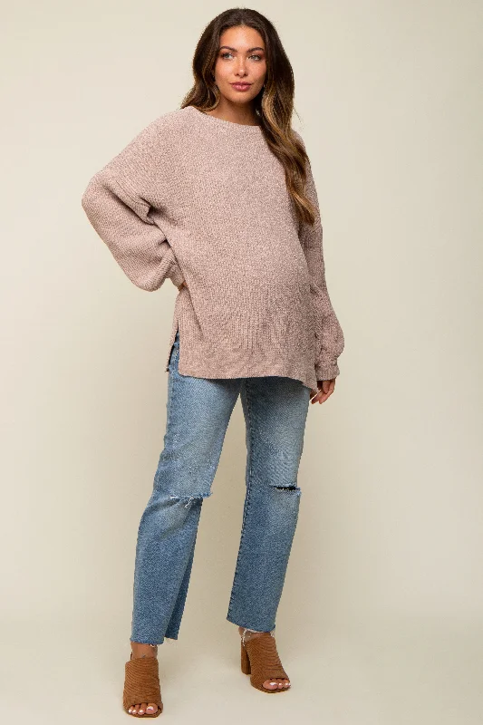 Beige Chenille Knit Balloon Sleeve Maternity Sweater UV protection sweaters