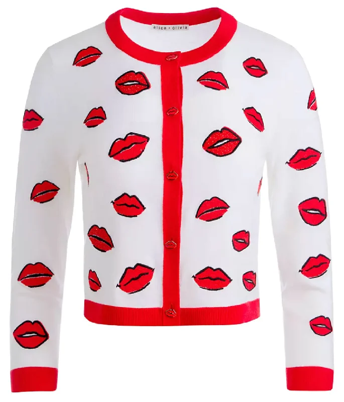 Alice + Olivia Daroda Kiss Crew Neck Cropped Cardigan, Soft White Multi Best sweaters for fall