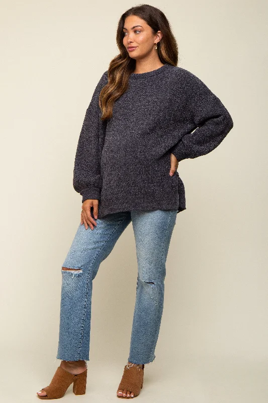 Charcoal Chenille Knit Balloon Sleeve Maternity Sweater Cropped sweaters