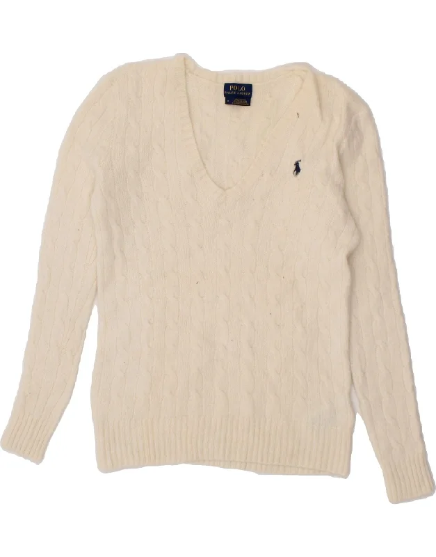 POLO RALPH LAUREN Womens V-Neck Jumper Sweater UK 12 Medium Beige Wool Mohair sweaters