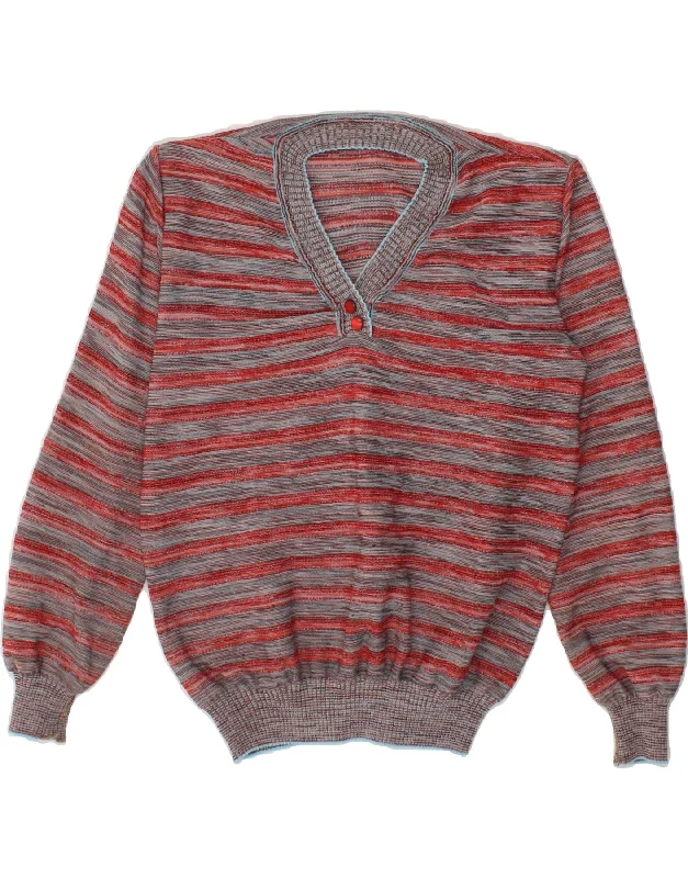 VINTAGE Womens V-Neck Jumper Sweater UK 14 Medium Red Striped Wool sweaters