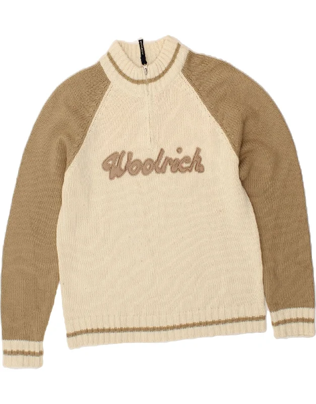 WOOLRICH Womens Graphic Zip Neck Jumper Sweater UK 16 Large Beige Cardigan sweaters