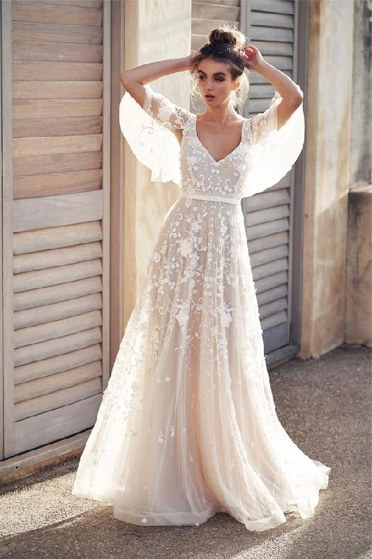 Cap Sleeve Beach Wedding Dress With Lace Appliques Long Sleeve Gown