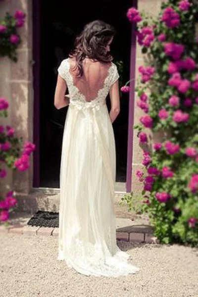 Cap Sleeves Beach Wedding Dresses Elegant Empire Pregnant V neck Open Back Lace Summer Wedding Sexy Wedding Dress