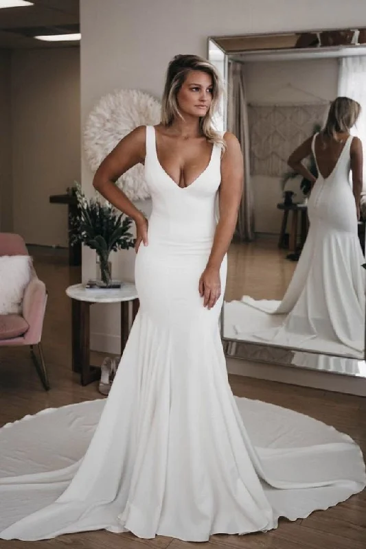 Chic V Neck Mermaid Wedding Dresses Ivory Satin Long Cheap Beach Wedding Gowns Princess Wedding Dress