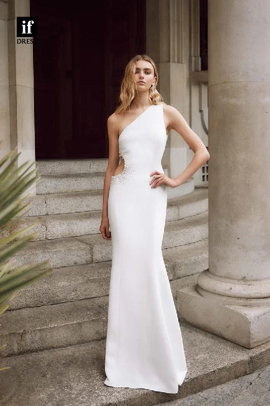 71165 - Simple One Shoulder Beads Sheath Sleeveless Boho Wedding Dress Open Back Dress