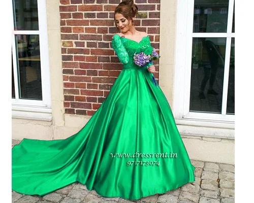 G122, Green colour Satin Off Shoulder Full Sleeves Trail Ball gown, Size (XS-30 to L-38) Beaded Lace Wedding