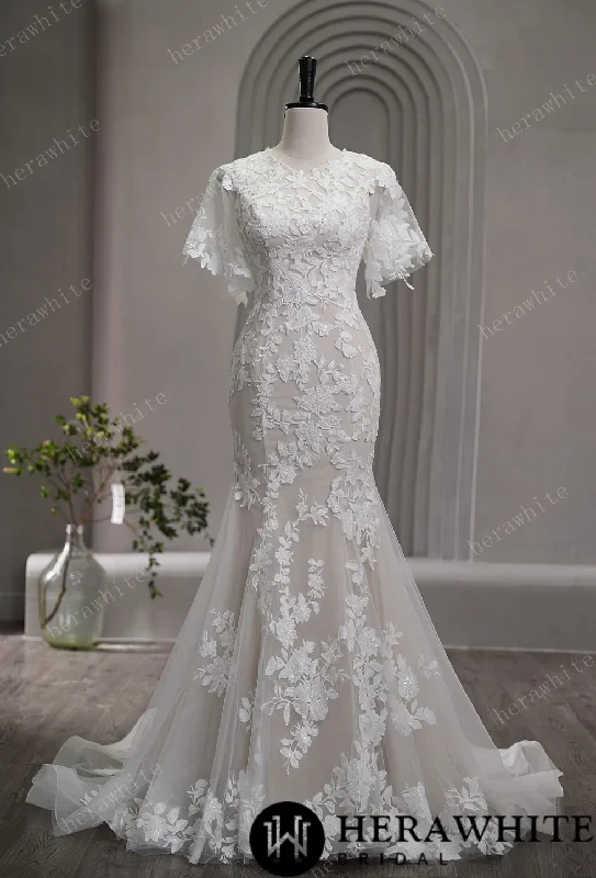 High Neck Floral Lace Bridal Gown with Flutter Sleeves Empire Waist Dress