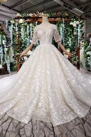 Lace Half Sleeve Round Neck Ball Gown Wedding Dresses Fashion Beads Wedding Gown WK775 Soft Lace Gown