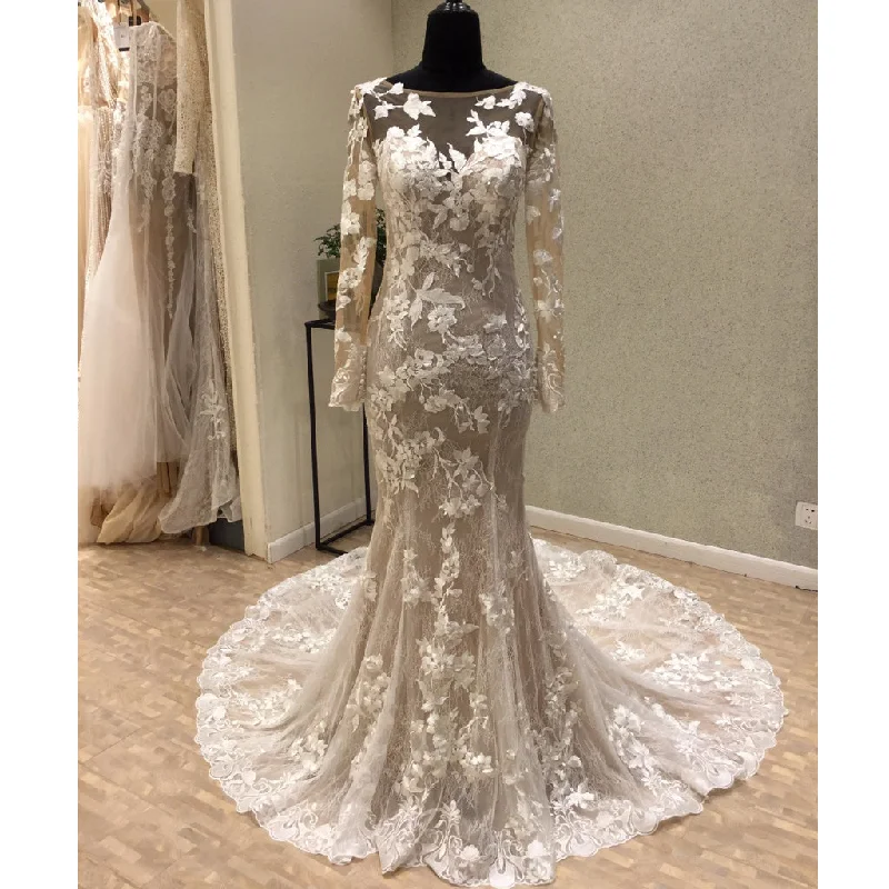 Long Sleeves Open Back Unique Applique Long Cheap Wedding Dress, WG685 Beautiful Lace Gown