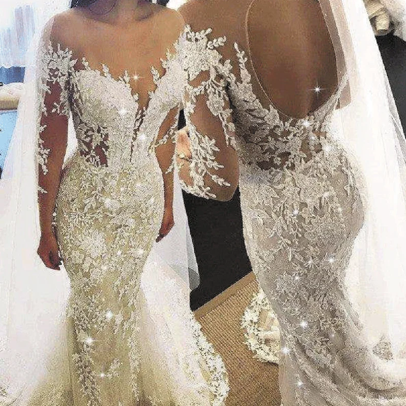 mermaid champagne wedding dresses 2020 lace appliqué elegant beaded luxury wedding gowns Tiered Wedding Dress