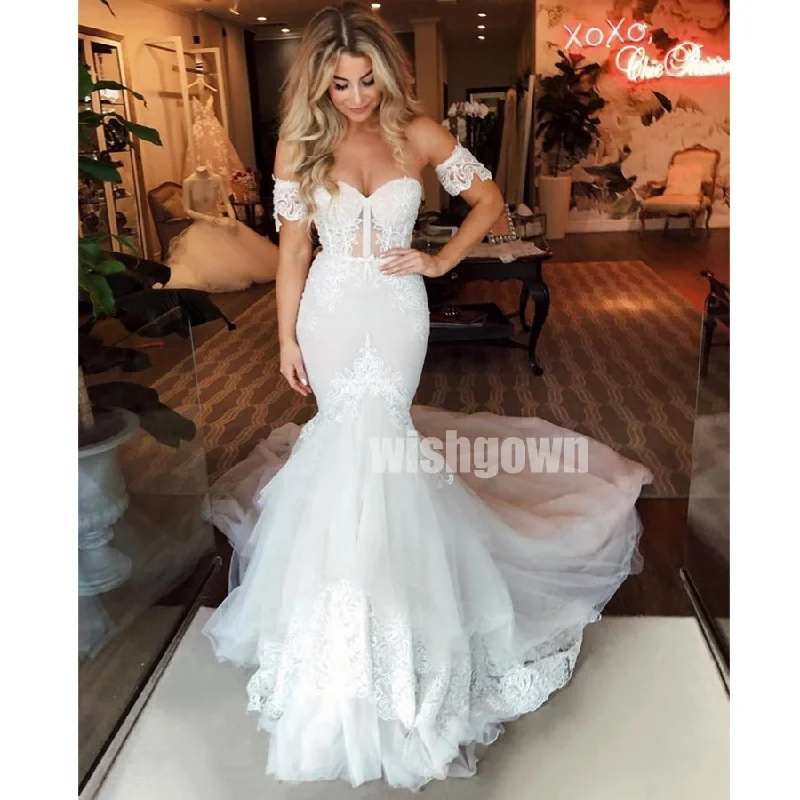 Sweetheart Mermaid Lace Tulle Long Wedding Dresses YH1118 Boho Chic Gown