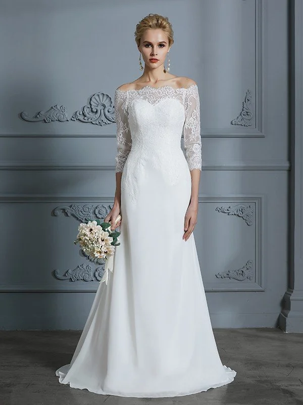 Trumpet/Mermaid 1/2 Sleeves Off-the-Shoulder Sweep/Brush Train Chiffon Wedding Dresses TPP0006184 Ball Gown Wedding