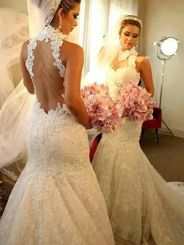 Trumpet/Mermaid High Neck Sleeveless Lace Court Train Wedding Dresses TPP0006198 Chic Wedding Gown