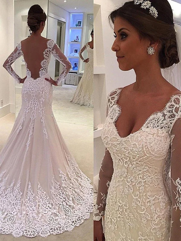 Trumpet/Mermaid Long Sleeves V-neck Court Train Lace Wedding Dresses TPP0006161 Simple Wedding Dress