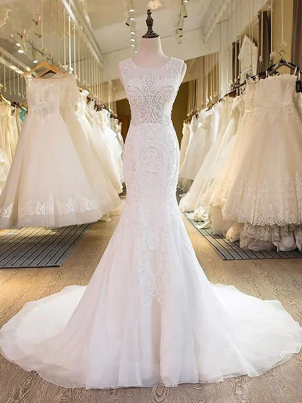 Trumpet/Mermaid Scoop Tulle Sleeveless Sweep/Brush Train Wedding Dresses TPP0006186 Long Sleeve Gown