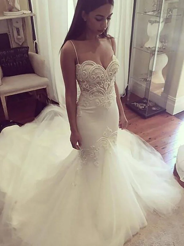 Trumpet/Mermaid Spaghetti Straps Sleeveless Chapel Train Tulle Wedding Dresses TPP0006145 Simple Wedding Gown