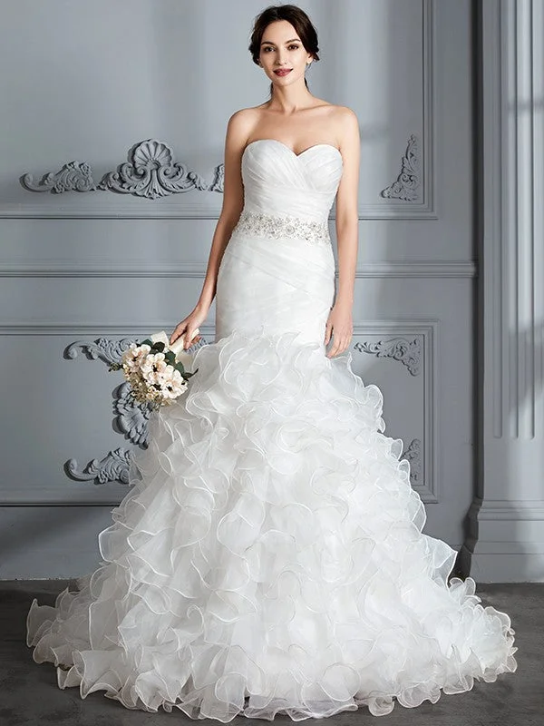 Trumpet/Mermaid Sweetheart Sleeveless Ruffle Sweep/Brush Train Satin Wedding Dresses TPP0006209 Sexy Satin Gown