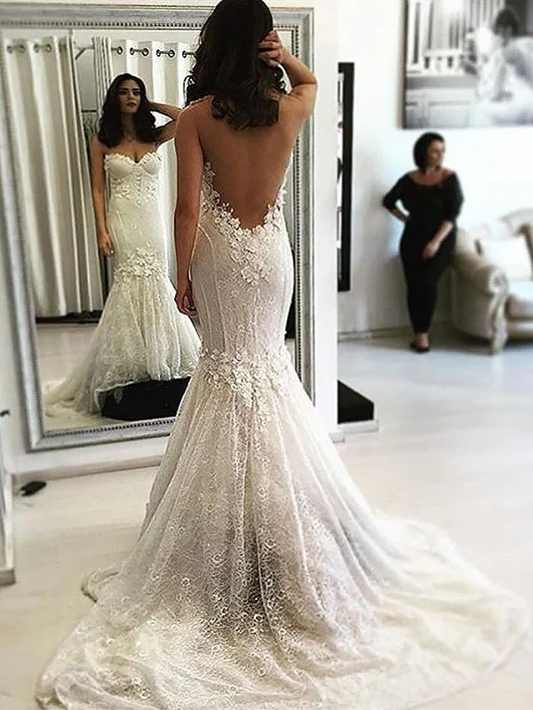 Trumpet/Mermaid Sweetheart Sweep/Brush Train Lace Sleeveless Wedding Dresses TPP0006213 Soft Lace Gown