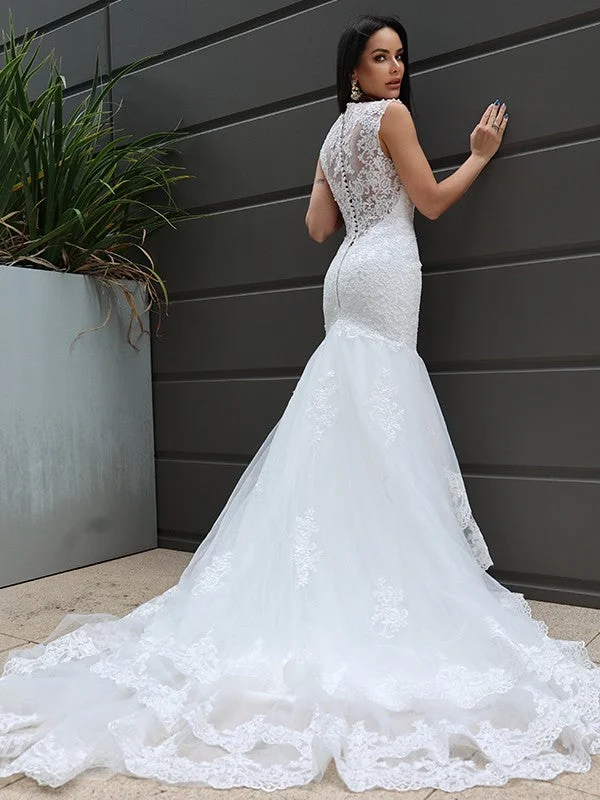 Trumpet/Mermaid Tulle Lace V-neck Sleeveless Sweep/Brush Train Wedding Dresses TPP0006142 Strapless Bridal Dress