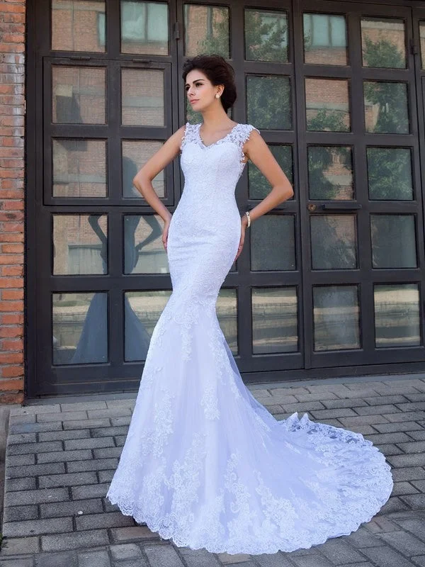 Trumpet/Mermaid V-neck Applique Sleeveless Long Satin Wedding Dresses TPP0006208 Simple Wedding Dress