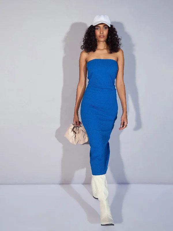 Women Royal Blue Rib Tube Midi Dress Anniversary midi dresses