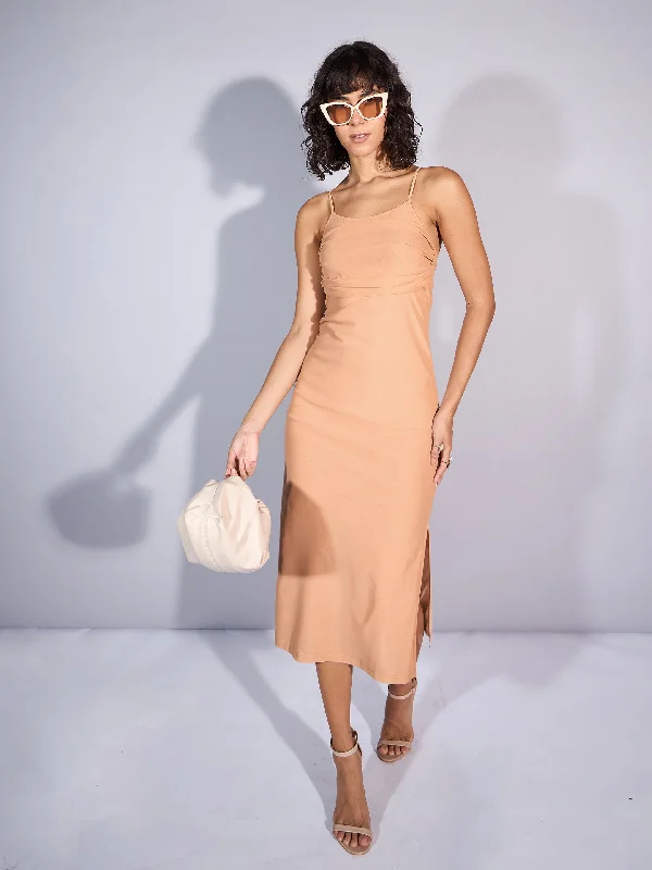 Women Beige Mesh Strappy Midi Dress Office midi dresses