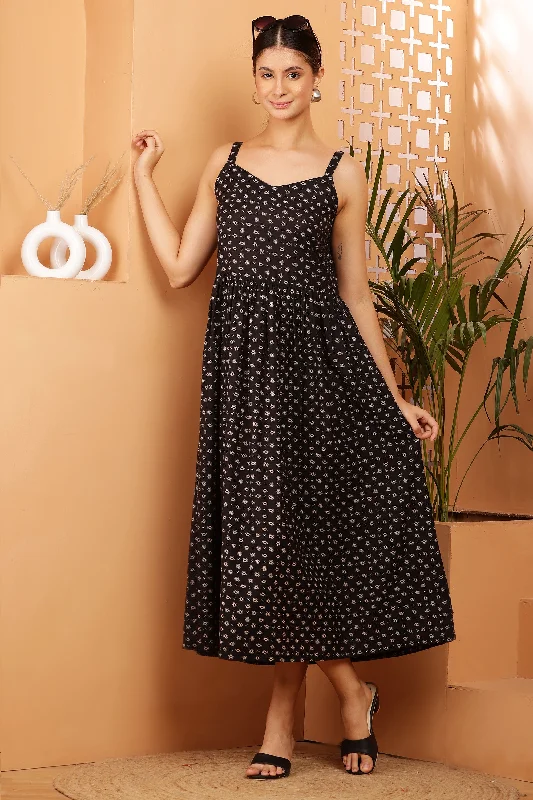 Women Black Printed Rayon Midi Dress Best midi dresses for elegant looks