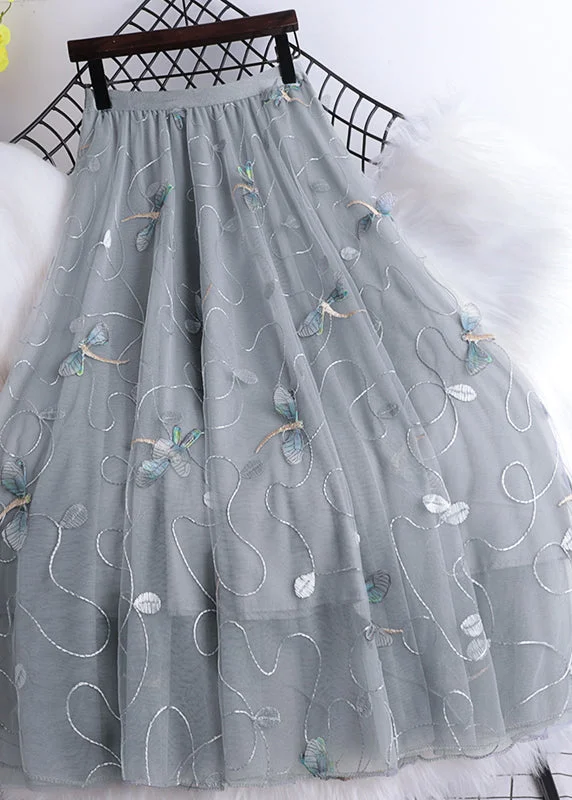 Art Grey Dragonfly Embroideried High Waist Tulle Skirts Summer Comfortable unclassified skirts