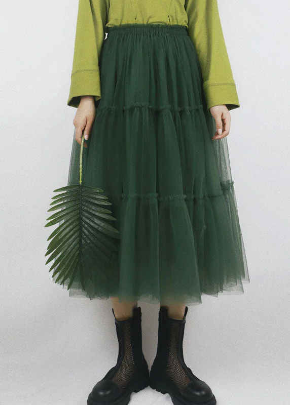 Blackish Green Patchwork Tulle Pleated Skirts High Waist Summer Embroidered unclassified skirts