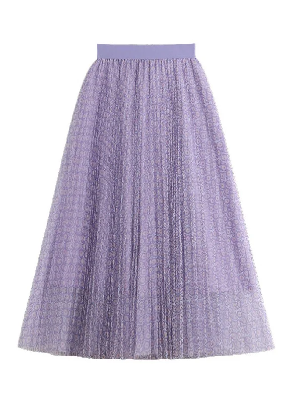 Bohemian Purple Print Wrinkled Elastic Waist Tulle Pleated Skirt Summer Beach unclassified skirts