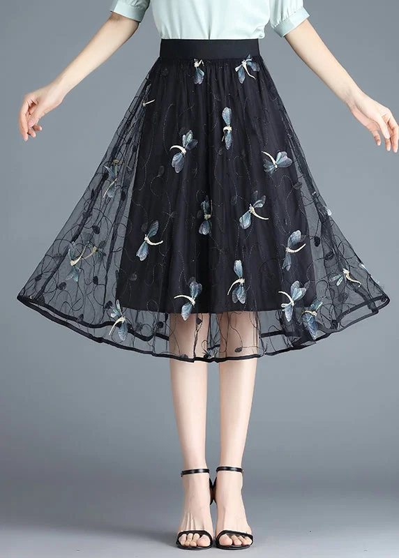 Boho Black Butterfly Embroideried Elastic Waist Tulle Skirt Summer Beach unclassified skirts