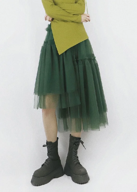 Casual Green High Waist Asymmetrical Patchwork Tulle Pleated Skirt Summer Bold pattern unclassified skirts