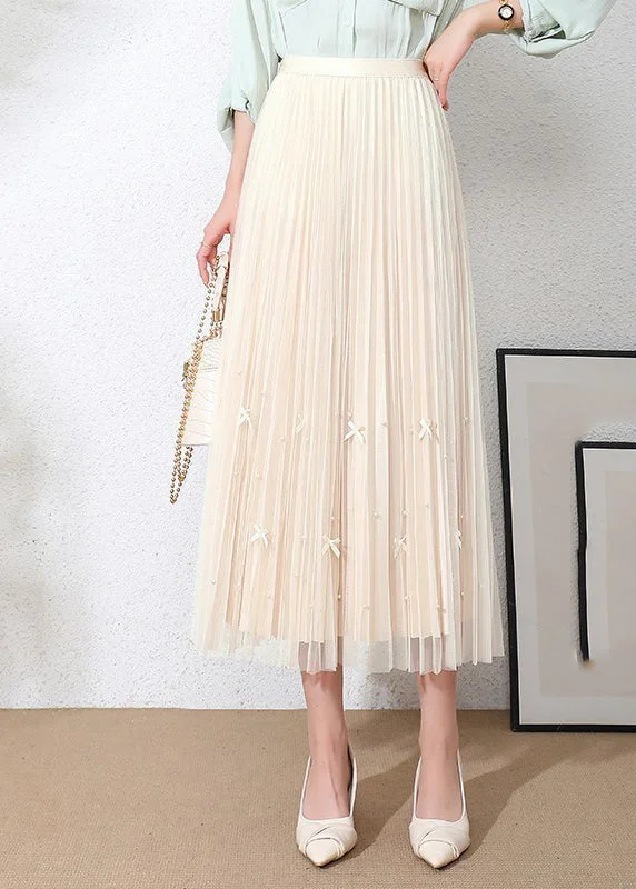 Loose Apricot Bow Elastic Waist Patchwork Tulle Pleated Skirts Summer Elegant unclassified skirts