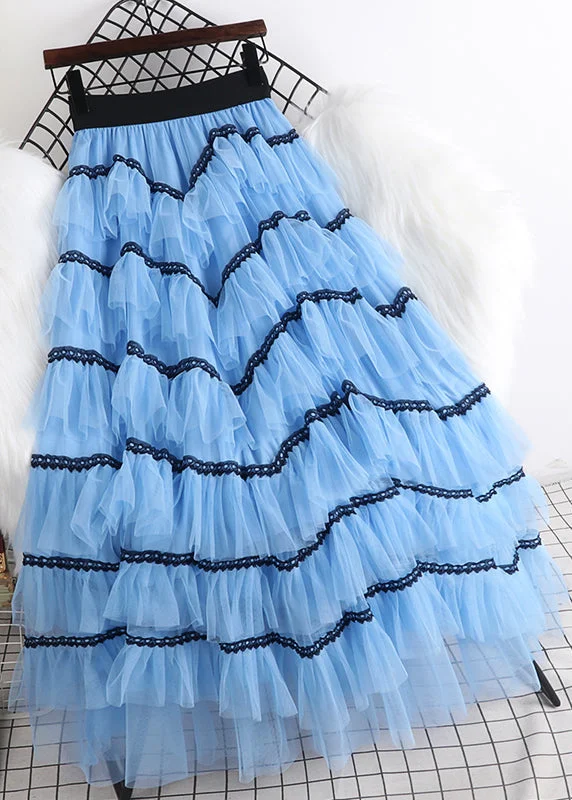 Loose Light Blue Patchwork High Waist Tulle Layered Skirt Spring Smocked unclassified skirts