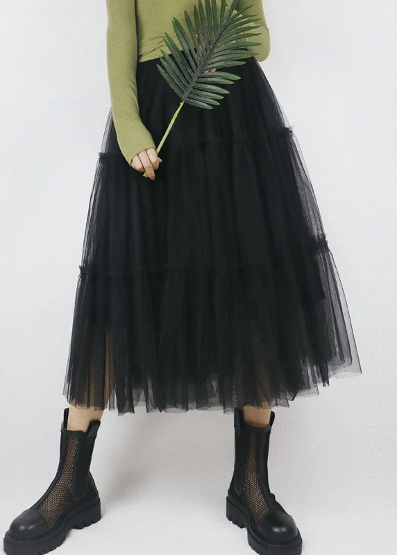 Plus Size Black Elastic Waist Solid Color Tulle A Line Skirts Summer Knitted unclassified skirts